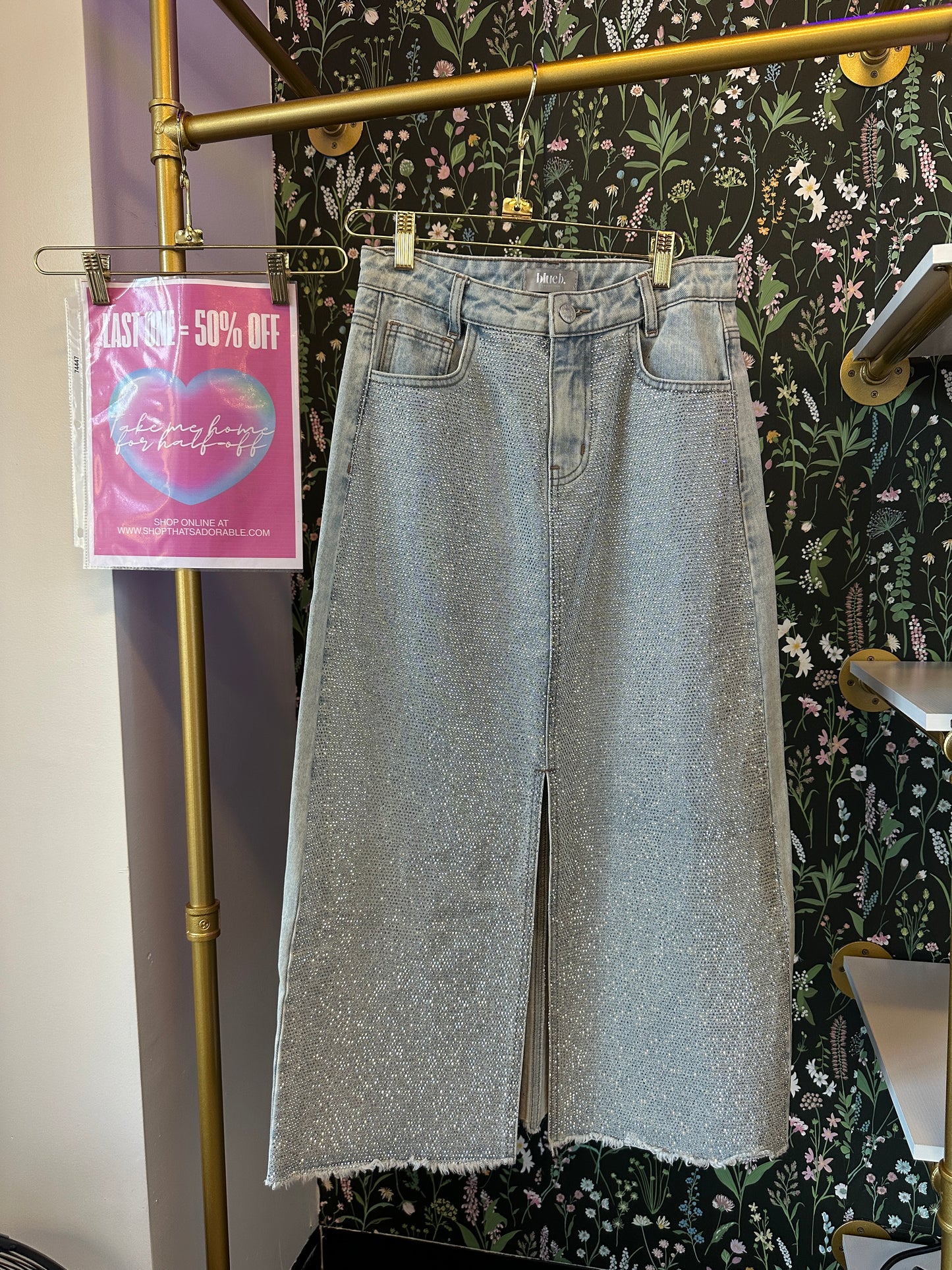 Rhinestone Midi Length Denim Skirt