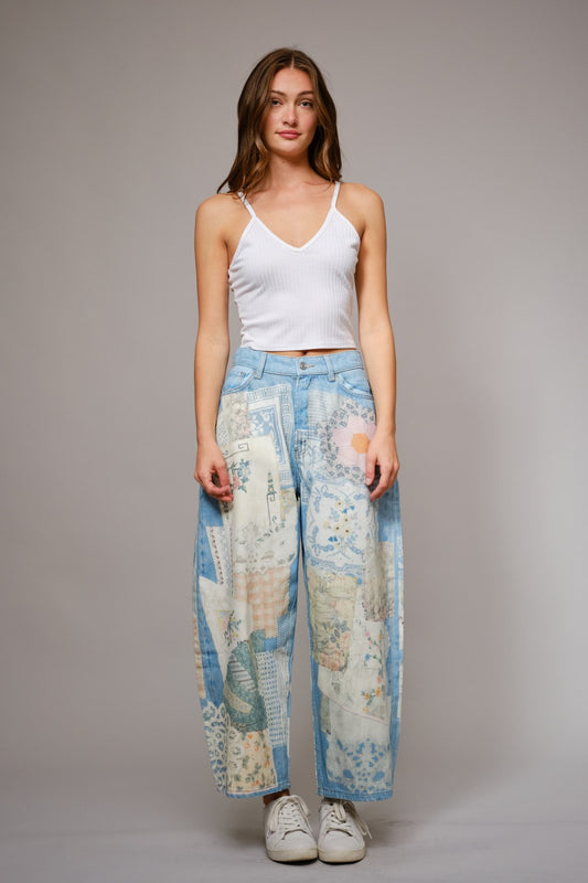 Patch Print Barrel Jeans