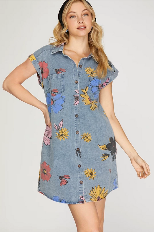 Painted Floral Denim Dress