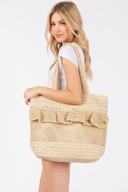 Ruffle Straw Tote Bag